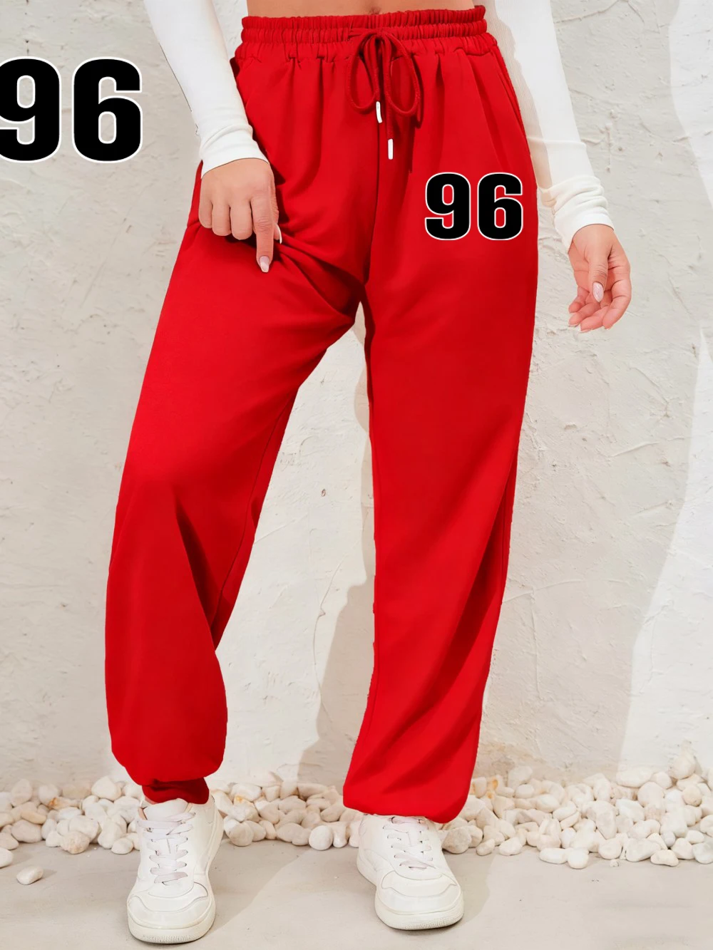 Number 96 Printing Sweatpants Womens Autumn Winter Pants Elastic Waist Comfortable Fleece Loose Trousers Basic Woman Clothing