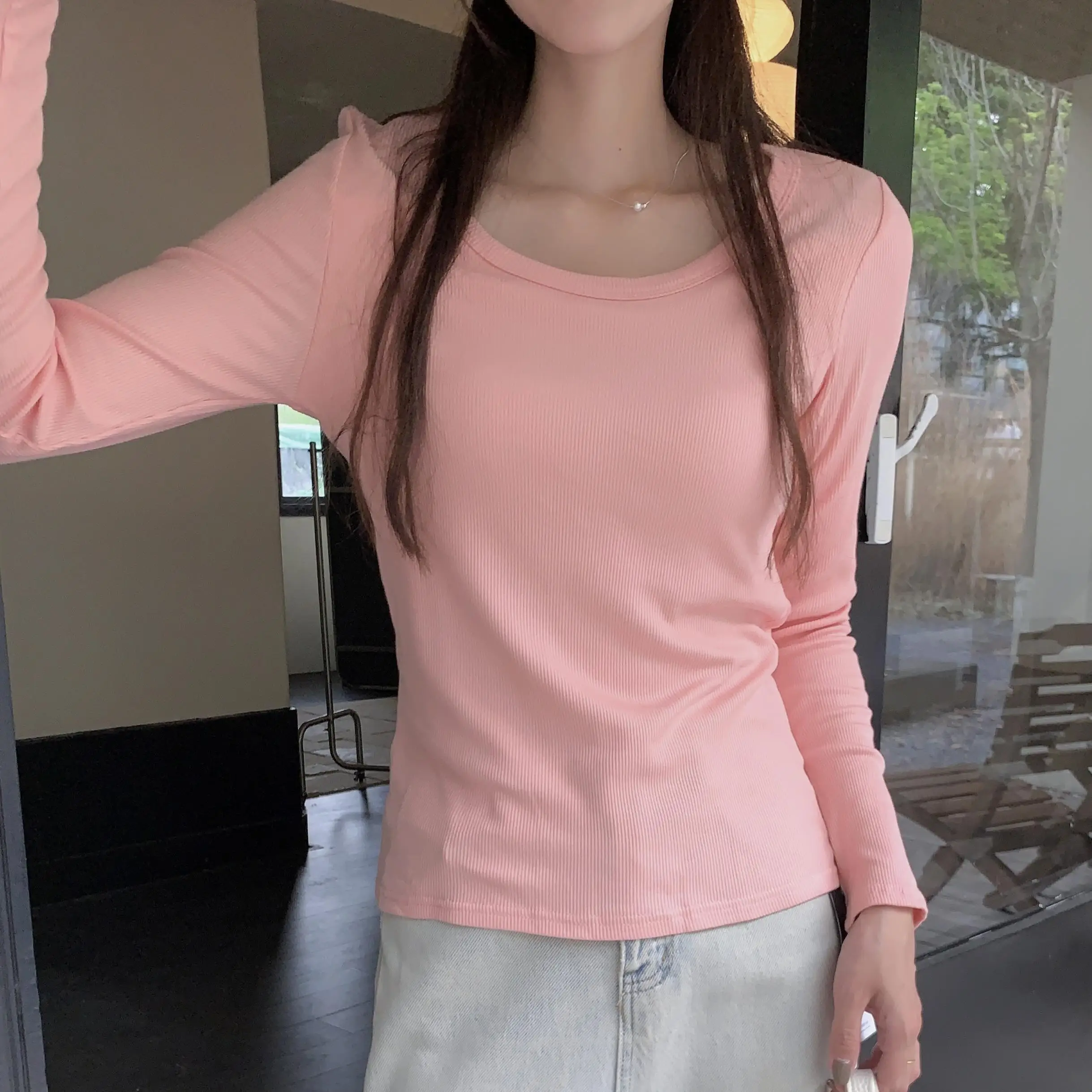 

Summer 2024 Low Neck Long Sleeve T-shirt Female Early Autumn Short Slim U-neck Tops Wearable Women's Clothing Y2k Clothes 티셔츠