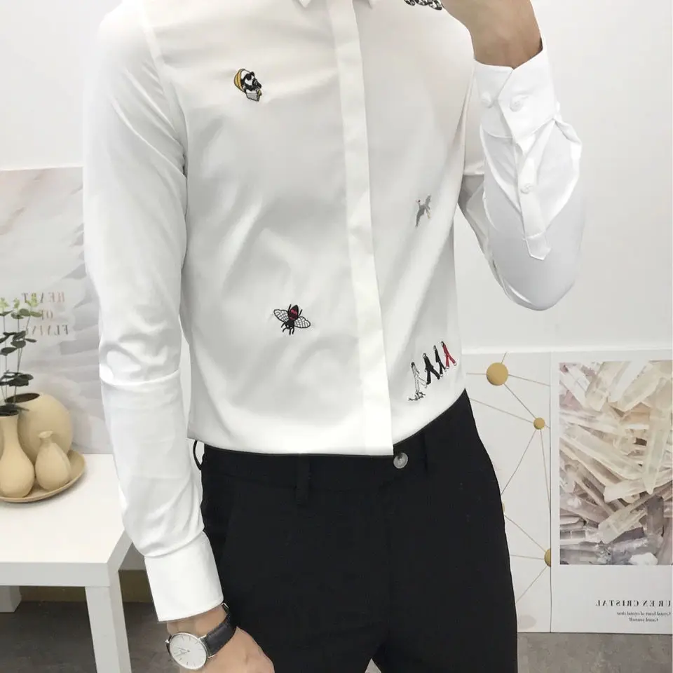 

Men's long sleeve shirt stretch casual shirt fashion Korean slim embroidered white shirt