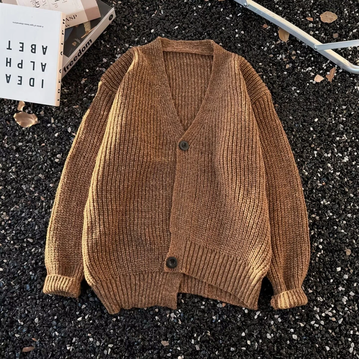 

Свободный вязаный свитер с v-образным вырезом, мужское корейское пальто, повседневная осенняя верхняя одежда для пар, длинное волокно из полиэстера