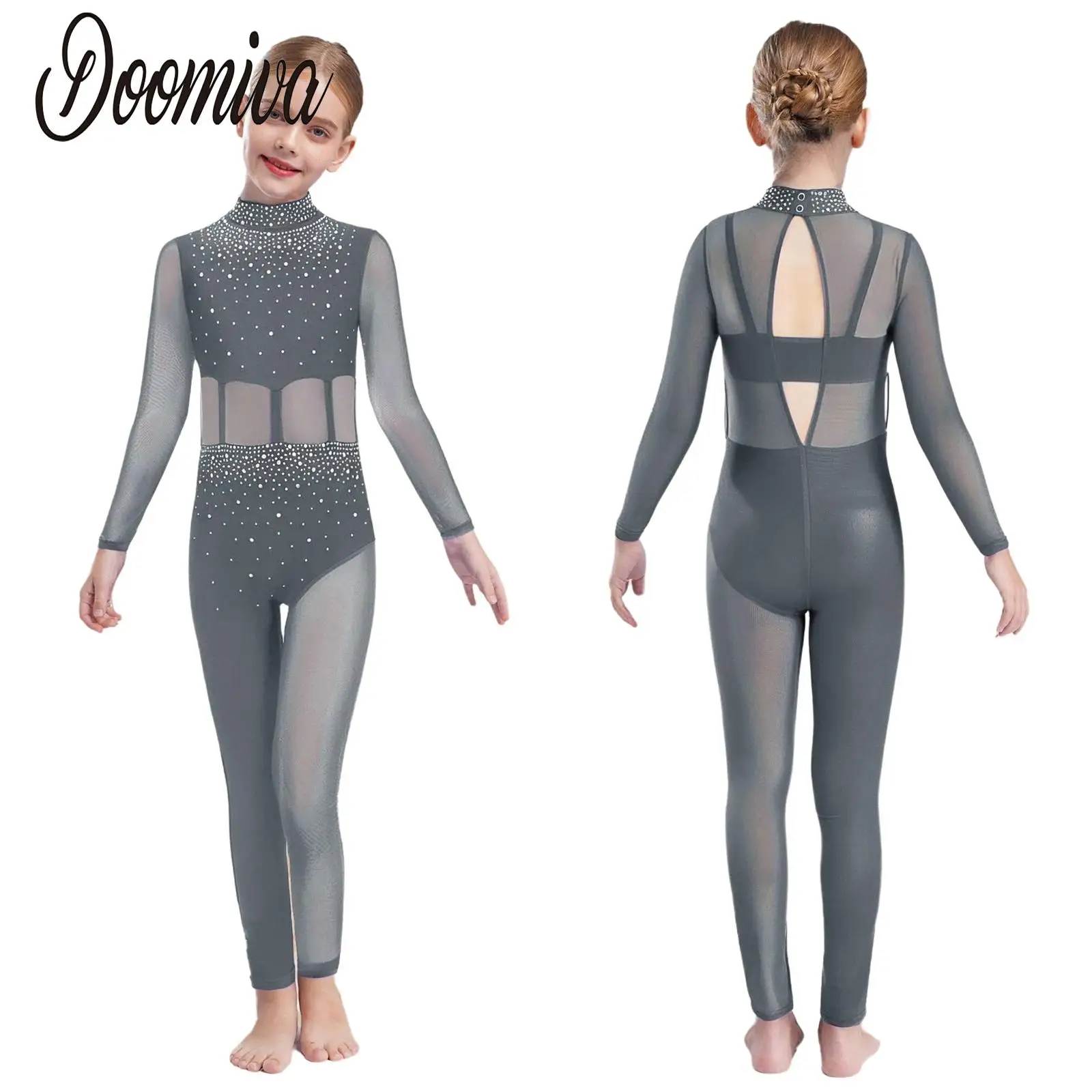 

Kids Girls Gymnastics Leotards Figure Skating Jumpsuit Ballet Performance Costumes Long Sleeves Rhinestones Mesh Full Bodysuit