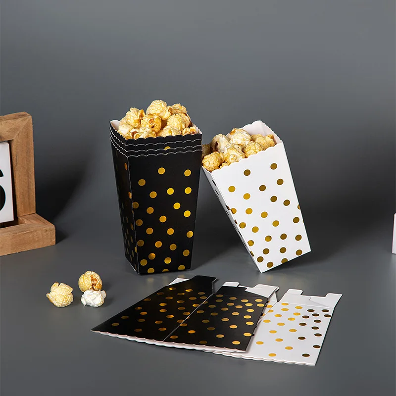 12Pcs Black and White Gold Polka Dot Popcorn Box Birthday Gift Box Movie Party Supplies Christmas Wedding Party Decoration