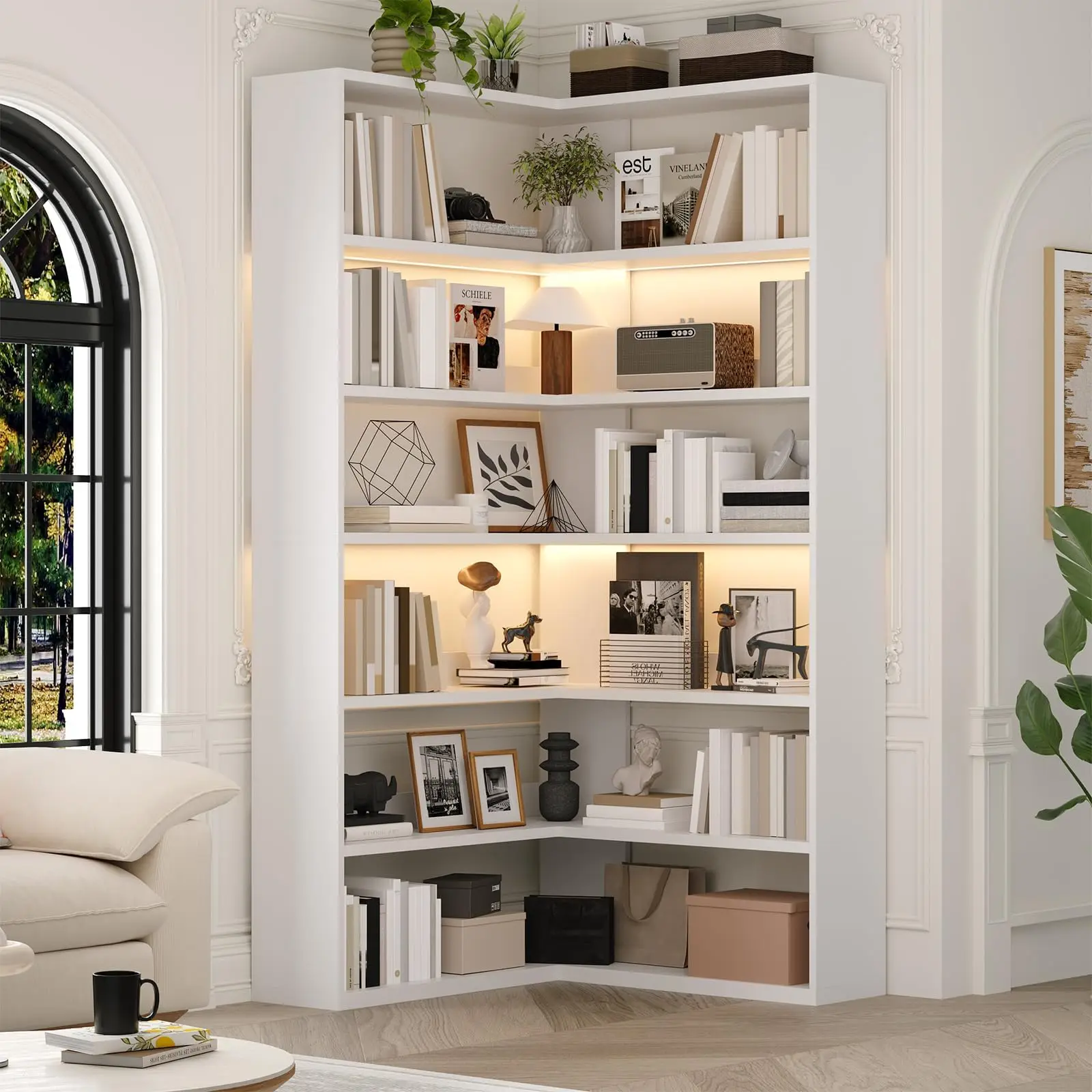 7 Tier Corner Book Shelf with LED Lights, 71 Tall Corner Bookshelf for Living Room, Study Room, Wooden Storage Display