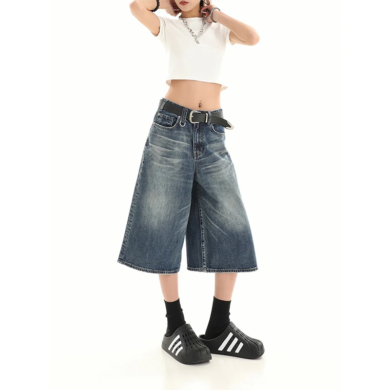 Y2k Vintage Black Jeans Shorts Womens Washed Casual Barrel Jeans Wide Leg Pants Female Denim Shorts Capri Pants Streetwear