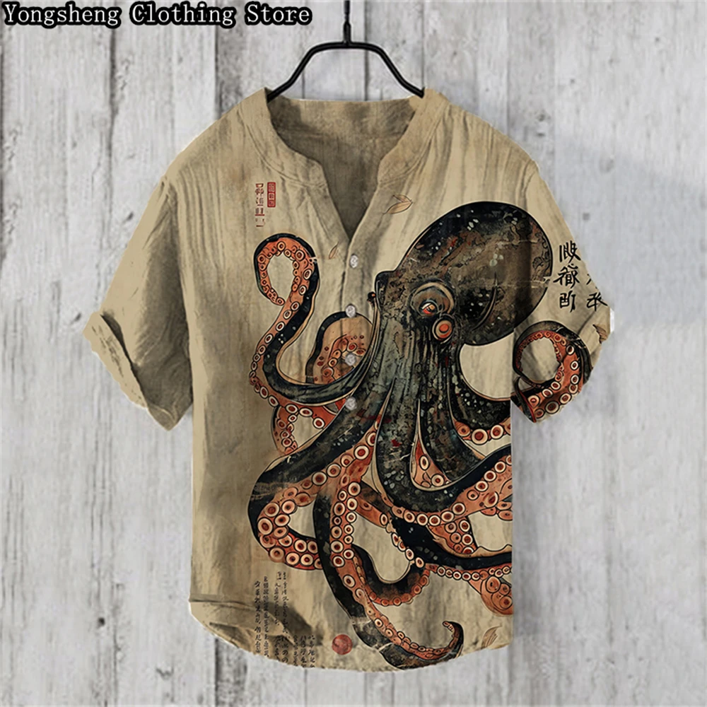 Summer men's short-sleeved POLO shirt linen printed shirt European and American popular elements original octopus printed shirt