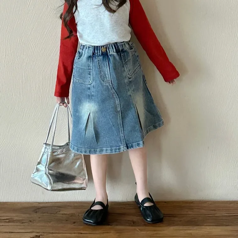 2024 Spring New Children's Wear Girl's Fashionable Denim Skirt Korean Version Fashionable and Versatile Mid length Skirt