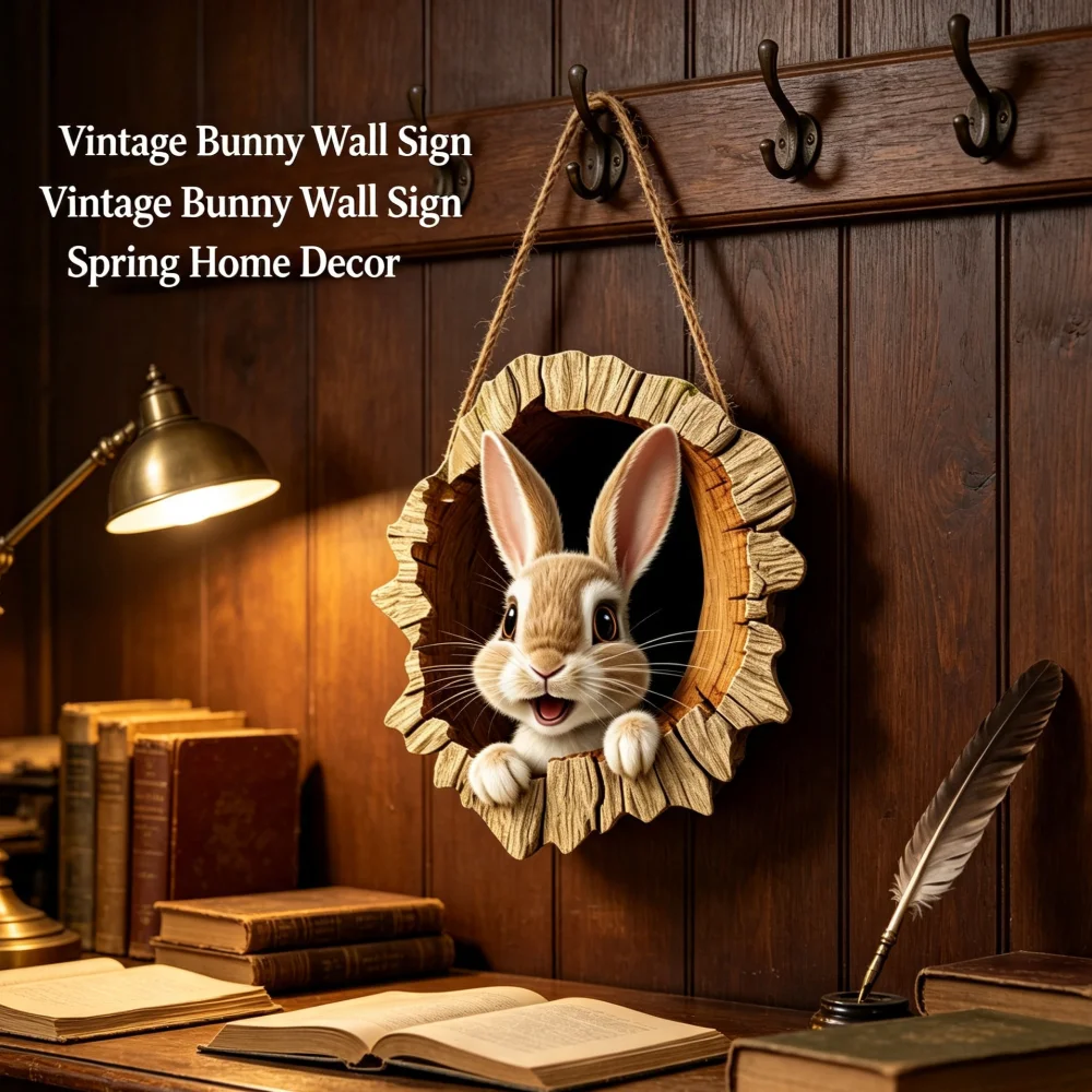 Poplar Plywood Easter Rabbit Hanging Ornament, Tree Stump Bunny Printed Wooden Wall Sign, Rustic Spring Front Door Decor, 5mm Thickness