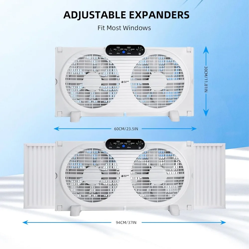 Twin Window Fan with Reversible Airflow and Intruder Alarm, with Remote Control and 3 Speeds, for Home Bedroom