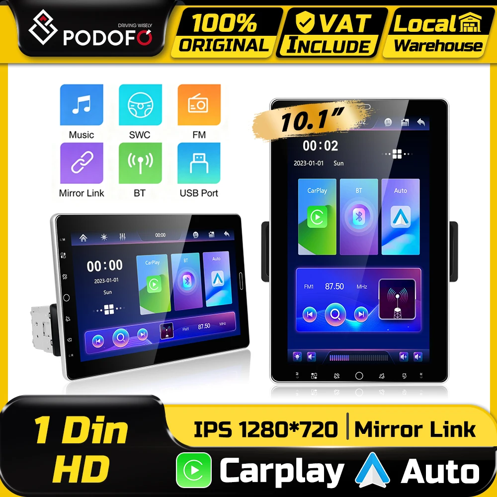 Podofo 1 Din CarPlay Autoradio Multimedia MP5 Player Android Auto 10,1'' Smart Drehbarer Touchscreen Auto-Intelligentes System Mirror Link BT EQ FM