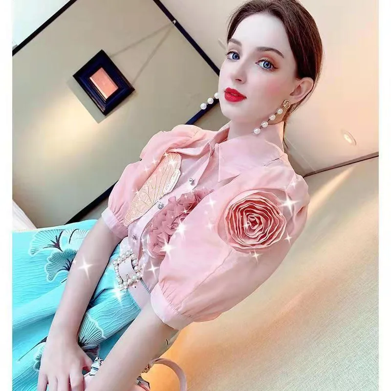 

Vitality Youth Women Spring Summer Korean Sweet Flower Pullover Long Sleeve Shirt Top with Skirt Elegant Pure Office Lady Set