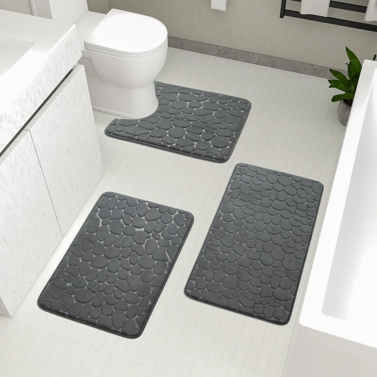 

Bathroom Rugs Mat Set 3 Piece Dark Grey, Memory Foam Bath Mats Sets, Non Slip Water Absorbent Washable Bath Rugs for Sin