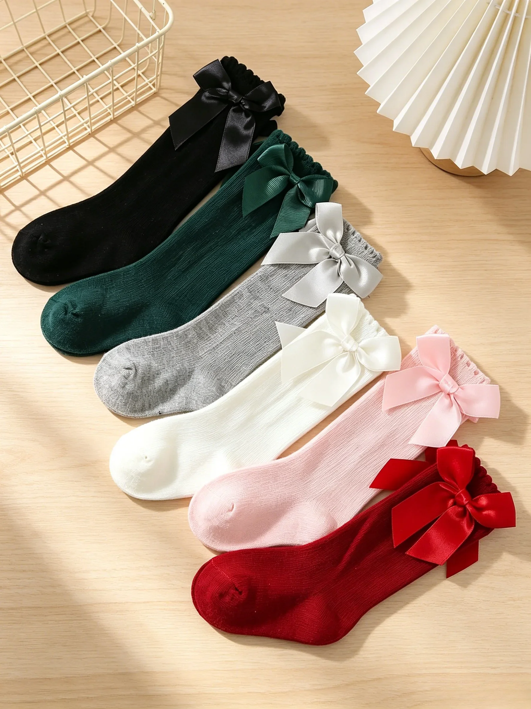 1/5 Pairs All Season Girls Bow Decor Knee High Socks, Vertical Rib Elastic Toddler Kids Long Stockings with Big Satin Bow