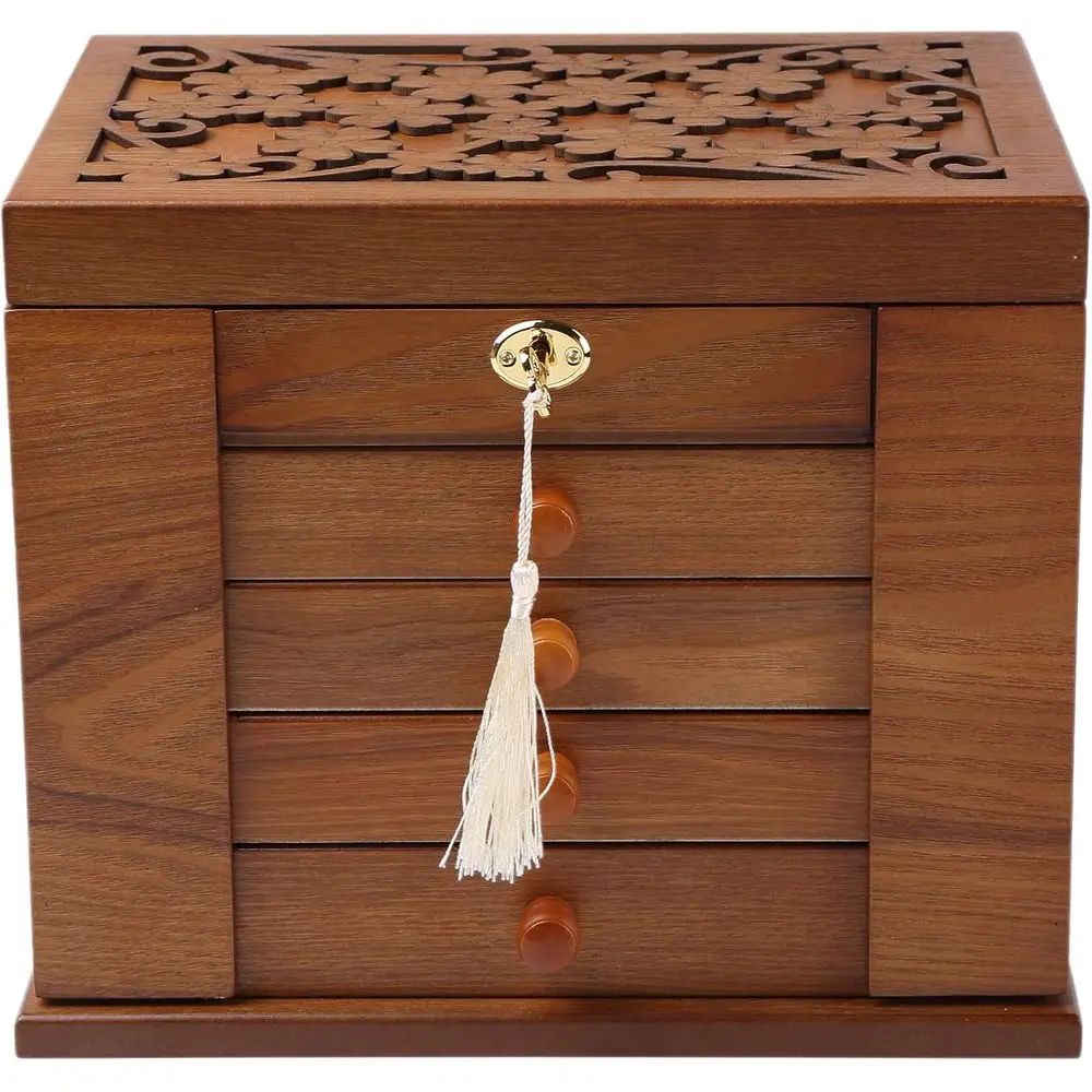 

Деревянная шкатулка для украшений для женщин, органайзер из массива дерева с замком и ключом для ювелирных изделий, часов, ожерелий, колец, с функцией запирания.