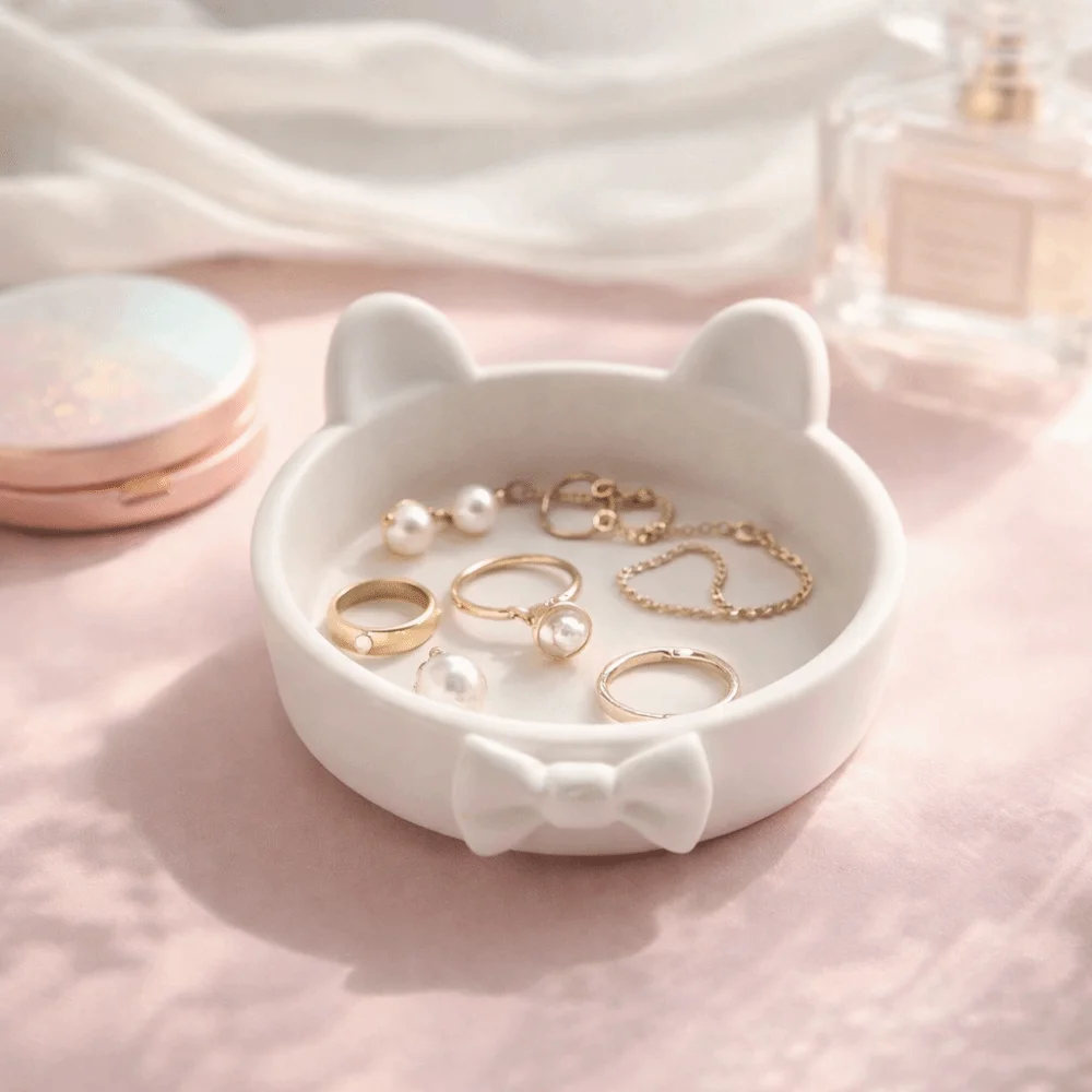 3D Printed Bow Jewelry Plate Cute Non-Slip Jewelry Holder Paw Print-Like Base Ornaments Cat Ear Storage Trays Office Desks