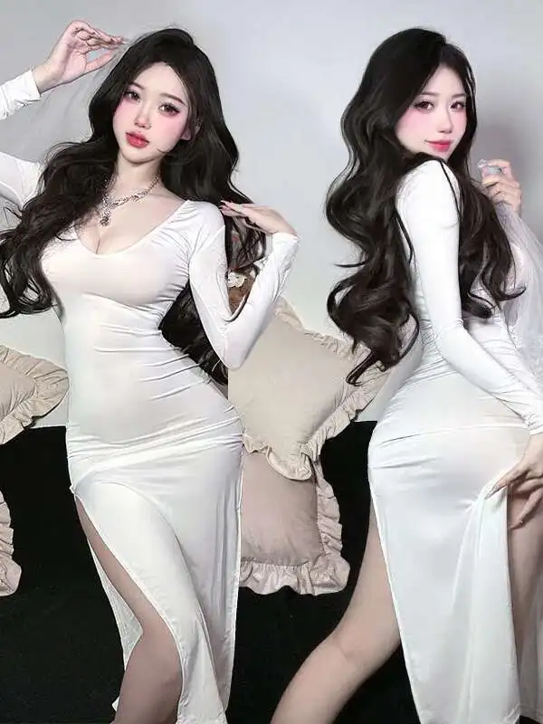 فستان طويل مثير عميق الخامس عالية الخصر الشق منظور شيونغسام الاجتماعية ملهى ليلي نمط فستان أنيق ساحر لعوب الساخن ERVC #2