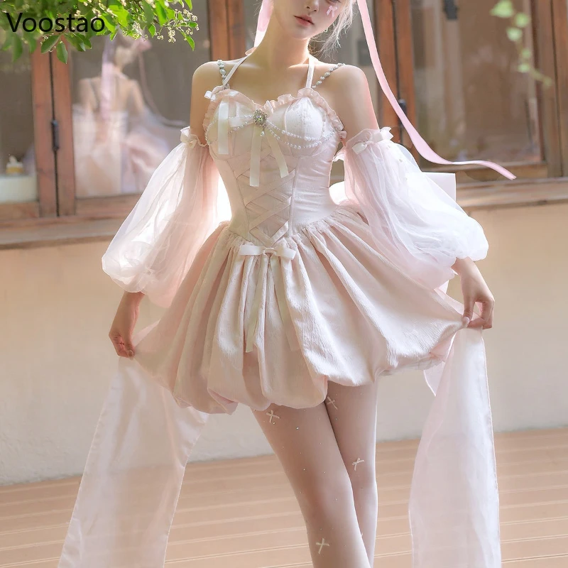 

Japanese Sweet Lolita Jsk Dress Women Kawaii Rhinestone Bow Pearl Pink Princess Dresses with Oversleeve Y2k Fairy Mini Vestidos