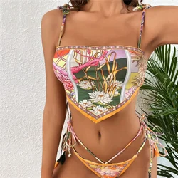 Conjunto de Bikini con estampado de flores para mujer, traje de baño Sexy con estampado de flores, microtanga, con cordones, brasileño, 2024