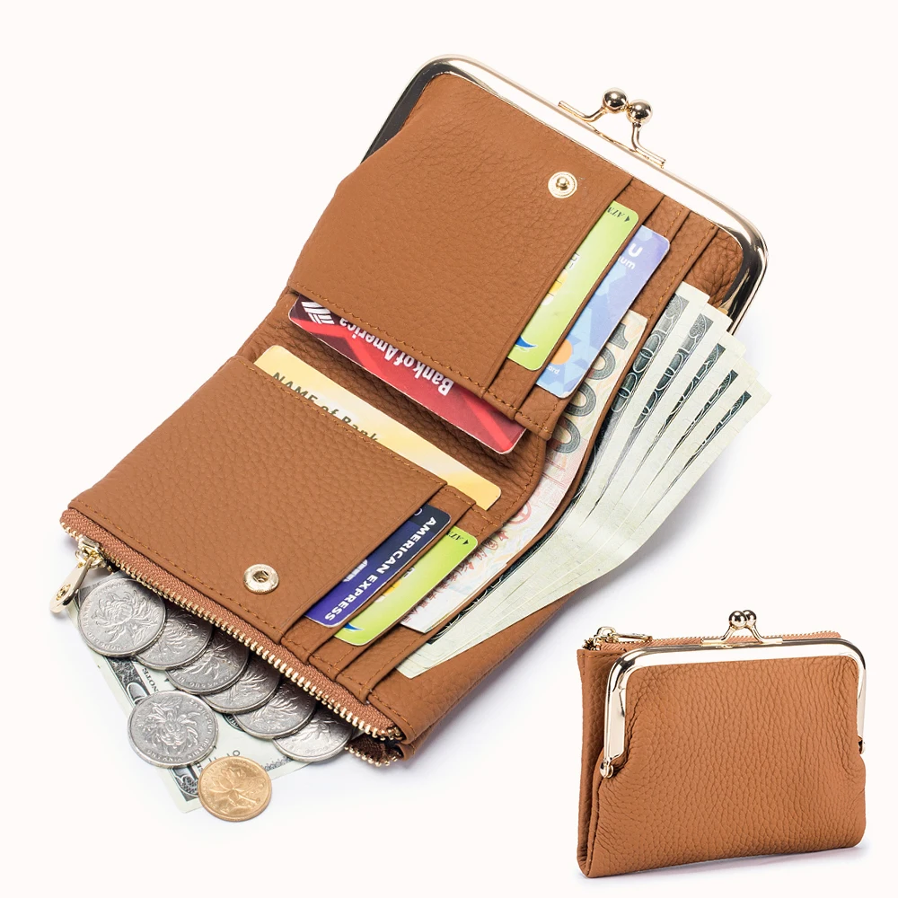 

Women's Small Wallet for Women Retro First Layer Leather Credit Card Case Bifold Change Wallet with Card Slots and Zipper Pocket