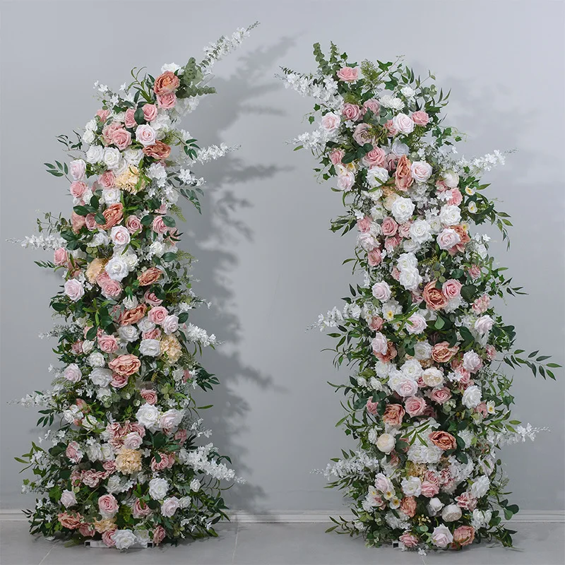 

White Pink Flower Arrangement Event Wedding Backdrop Decor Table Runner Green Willow Leaf Horn Arch Wisteria Arrangement Floral