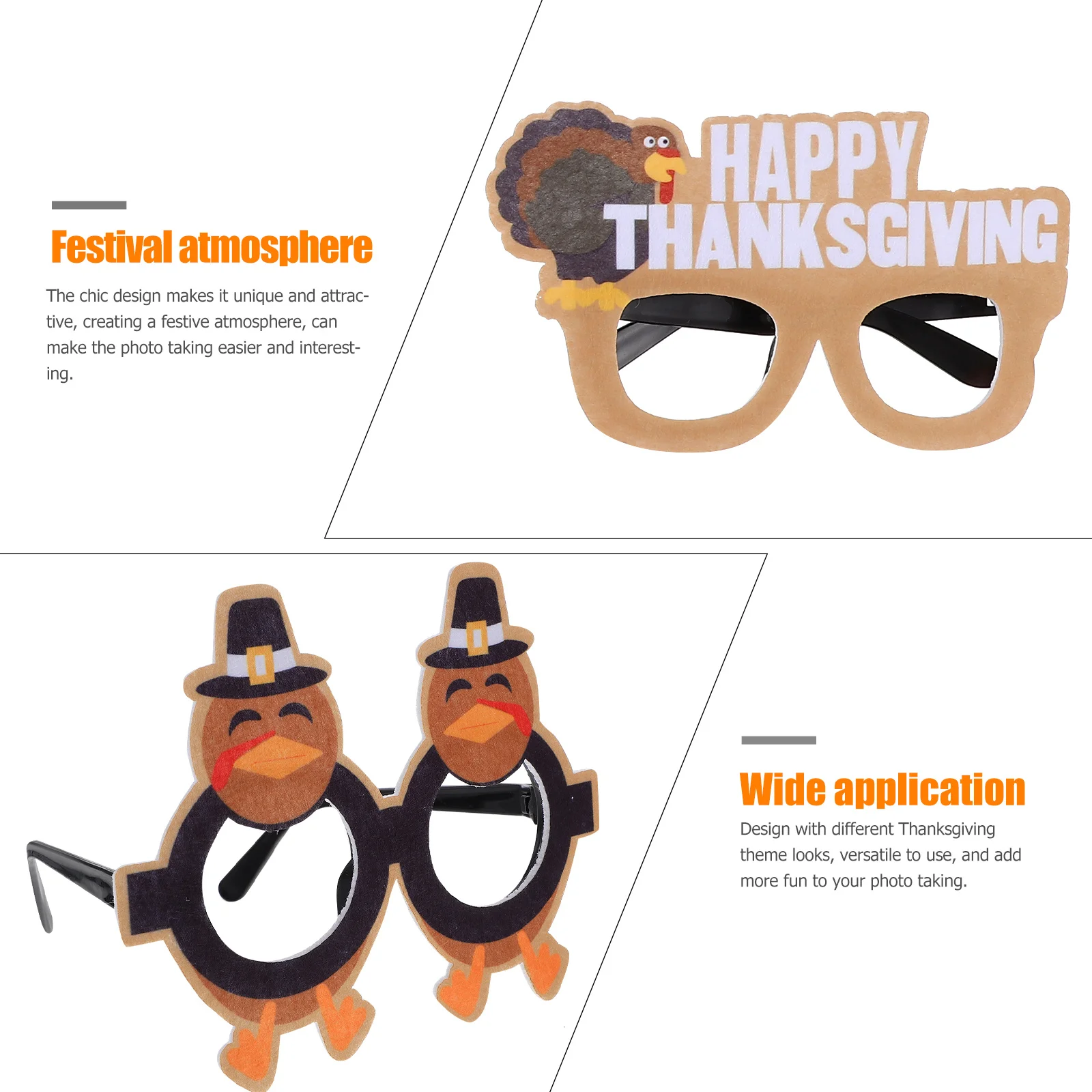 

5pcs Eyeglasses Felt Party Photo Props Bright Clear Pattern Lightweight Comfortable Thanksgiving Photo Booth Props Frames For