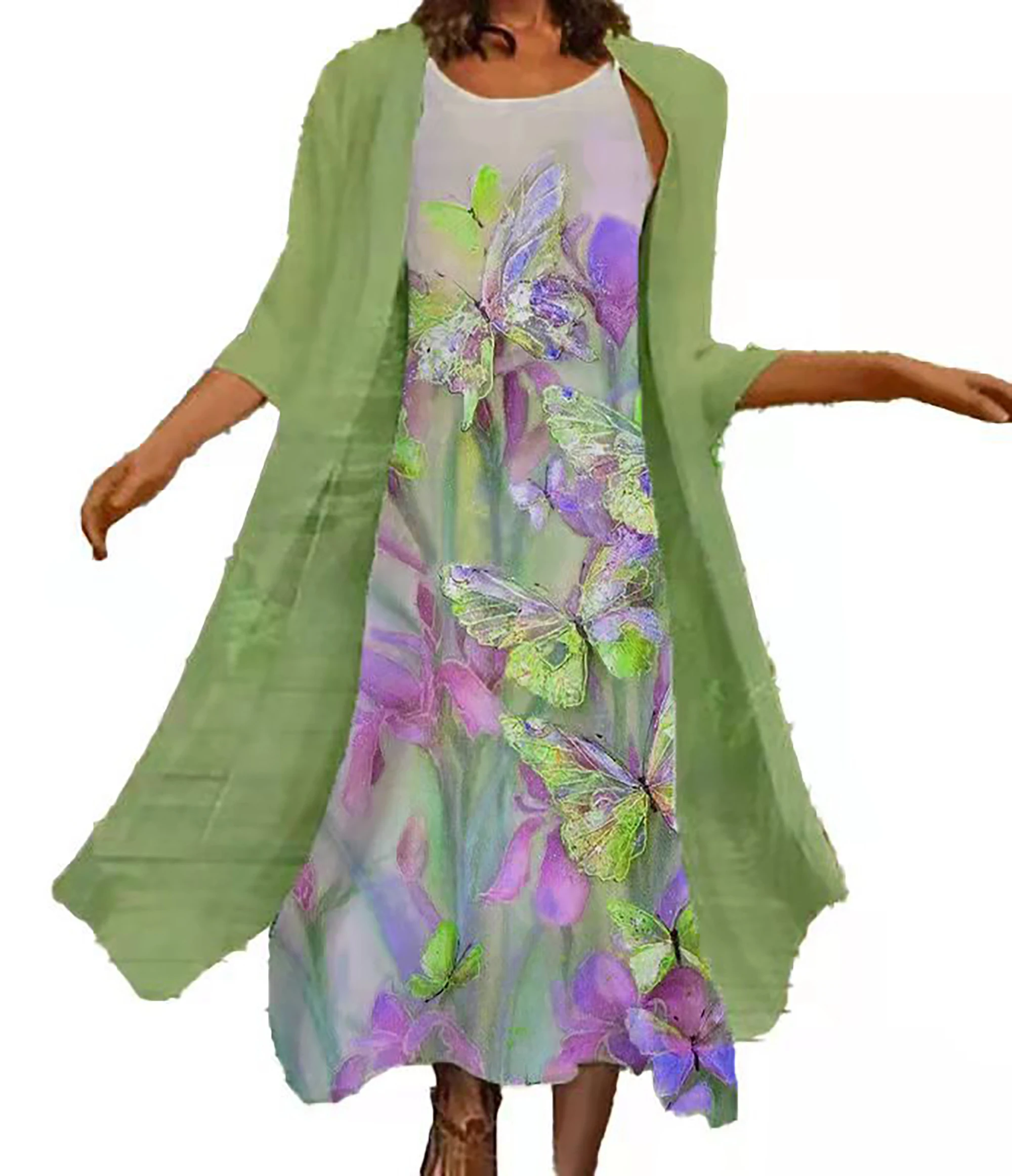 2024 Europe and the United States spring and summer new women\'s two-piece set of printed round neck long skirt chiffon pocket ou
