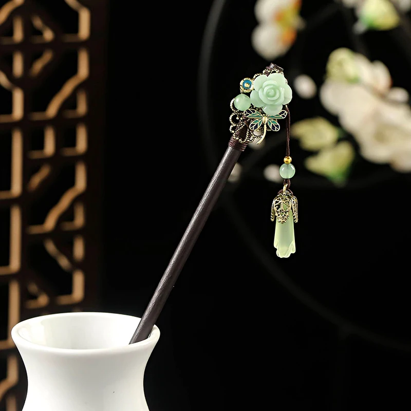 Chinese Style Wooden Hair Stick Vintage Winding Flower Tassel Hairpin Ancient Style Step Shake Elegant Lady Hair Accessories