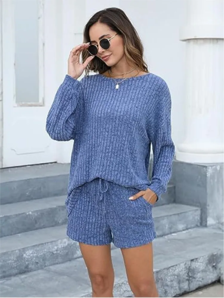 Elegant 2-Piece Set for Women Solid Color Long Sleeved Short Sets Women's O Neck Autumn Winter Women's Casual Home Clothing Sets