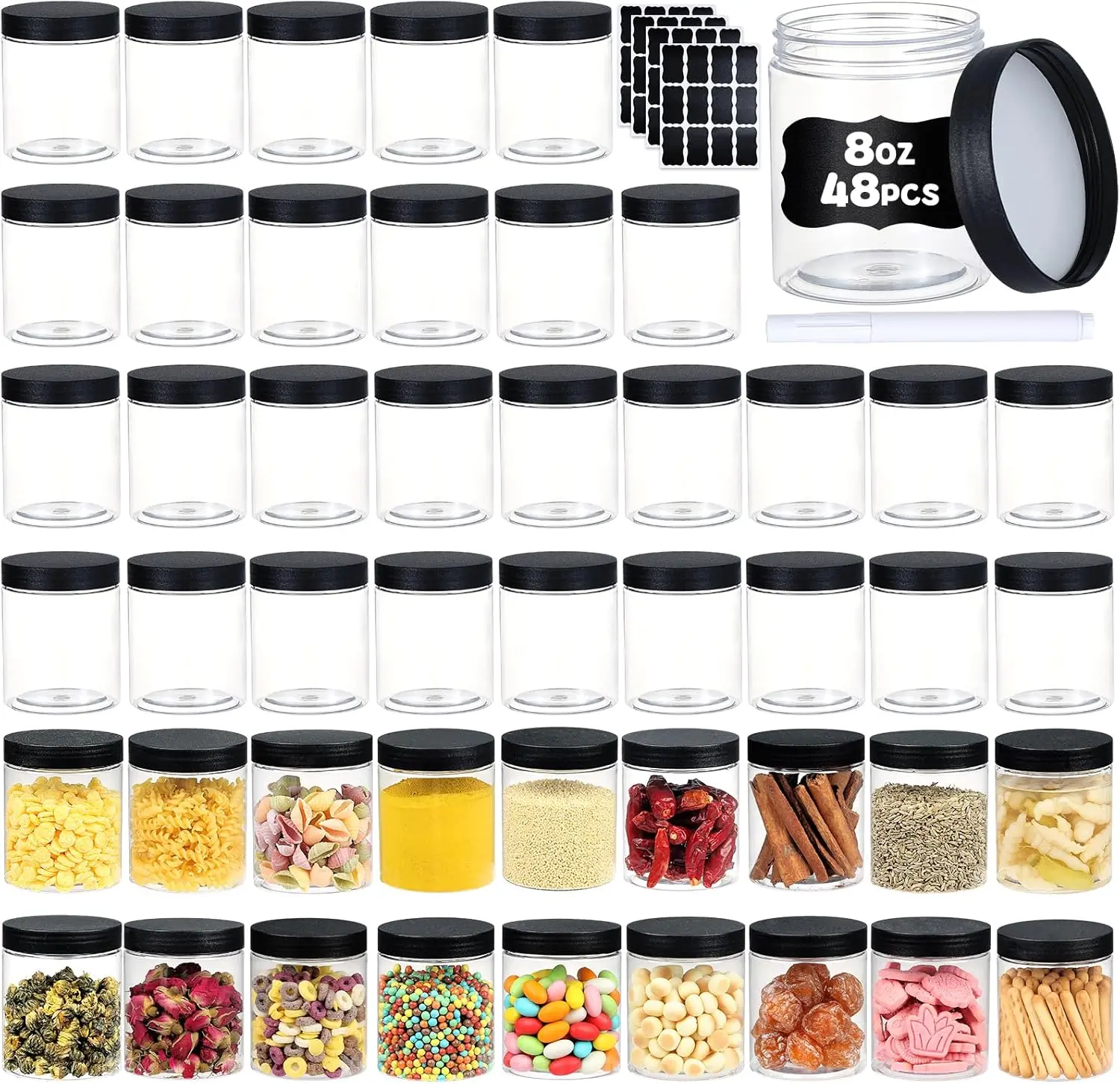 48-pcs-8-oz-plastic-jars-with-screw-on-lidslabels-refillable-empty-round-slime-containers-for-storing-dry-food-honey-jam-crea
