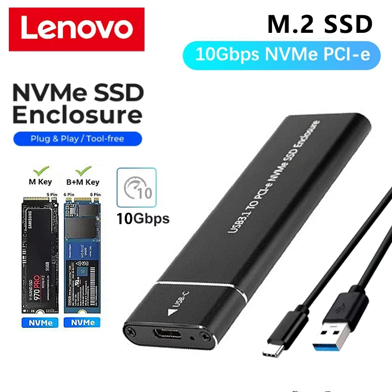 Lenovo NVMe M.2 SSD carcasa NVMe NGFF 10Gbps PCIe M.2 SSD portátil USB 3.1Gen2 adaptador externo para Mac PC caja de disco duro