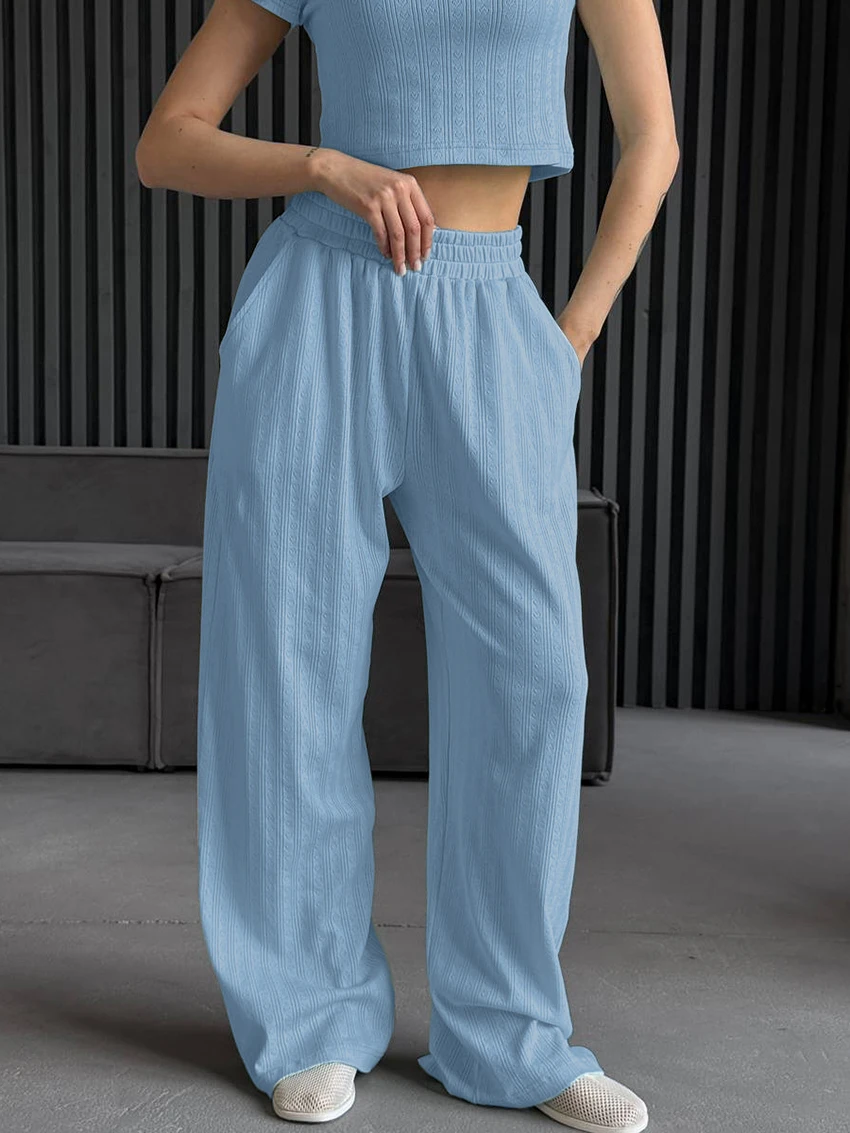 Marthaqiqi Knitted Female Pajamas Suit O-Neck Nightie Crop Top Sleepwear Short Sleeve Nightgown Pants Casual Women Nightwear Set
