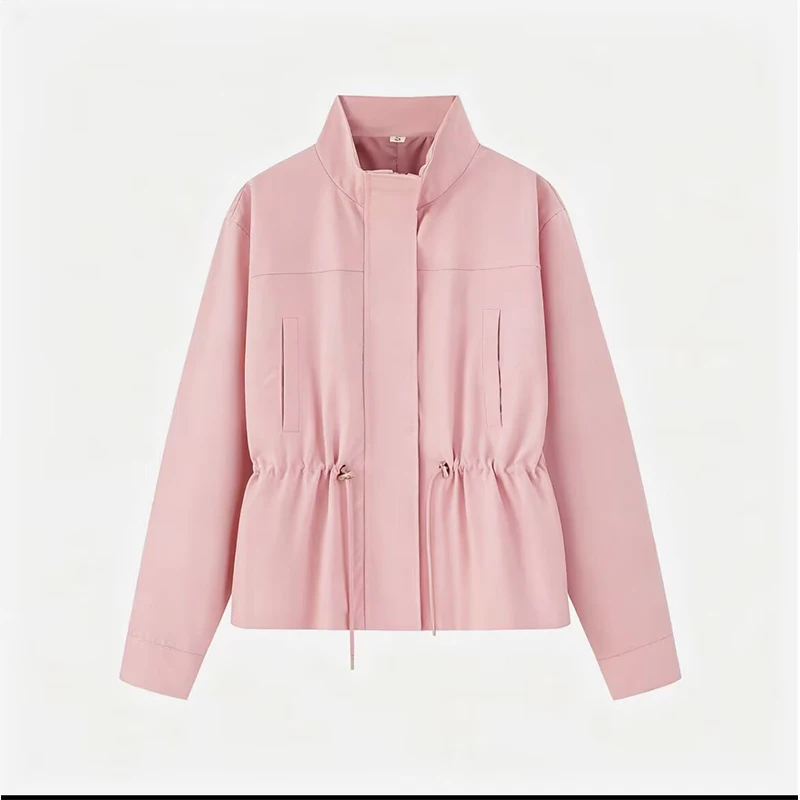 BKLD Women's Stand Collar Long Sleeves Drawstring Waist Jacket Zip Up Ruched Windbreaker Casual Versatile Coats Street Outerwear