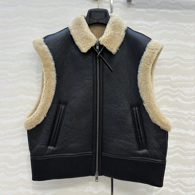 

High quality neutral style women's fall and winter new coat luxury vest, wool blend with genuine leather 25110802