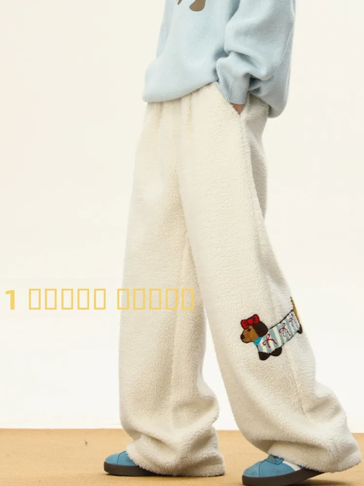 

Мужские зимние утепленные брюки из хлопка с вышивкой в виде собаки, на флисе, повседневные, свободные, прямого кроя, длинные, из овечьей шерсти/бархата