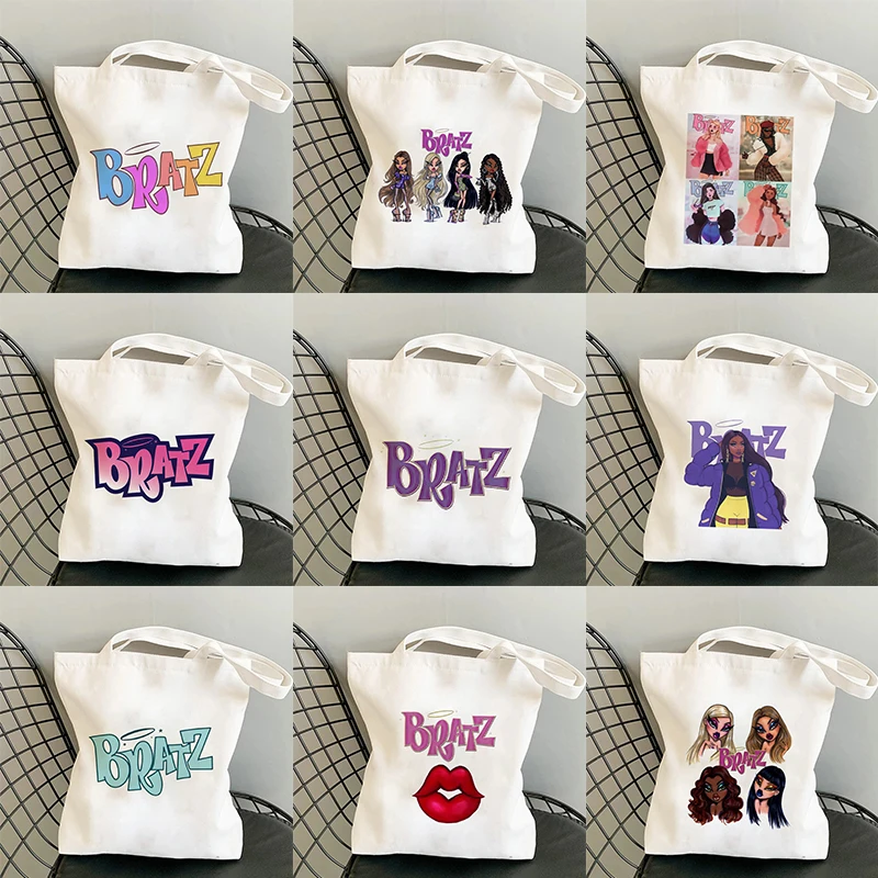 Bratz-Bolso de compras de lona con estampado de letras para mujer, bolsa de hombro de algodón, ecológico, reutilizable, para compras