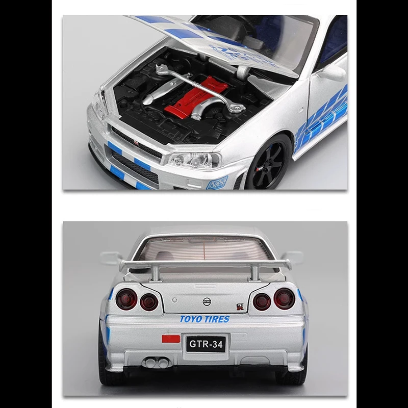 1/32 Skyline GTR-R34 miniatura RX7 aleación inicial D Diecast Metal modelo coches sonido luz juguete coleccionable niños vehículo regalo