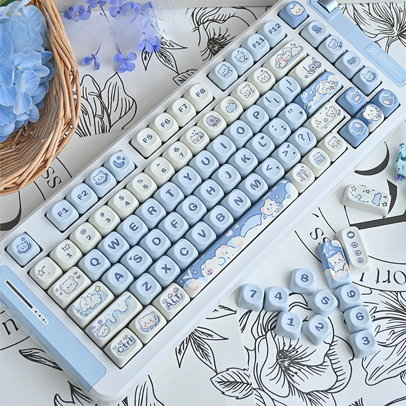 Imagem -04 - Teclado Mecânico Conjunto Completo Ursinho de Pelúcia de Sorvete Azul Desenhos Animados Fofos Grau de Moa Sublimação Térmica 75 98 87 104 Chave