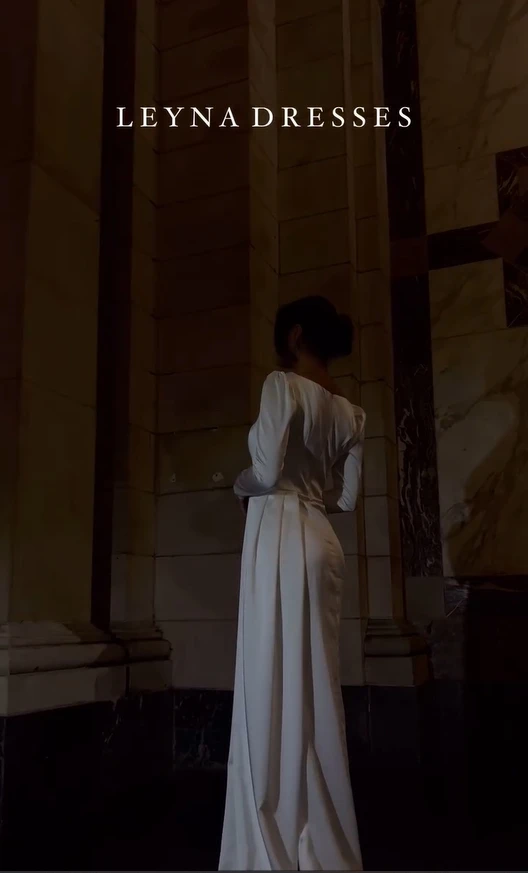 White Satin Mermaid Wedding Dresses Long Sleeve Square Neck Bride Dress with Train Simple Civil Bridal Gowns Lace Up Back