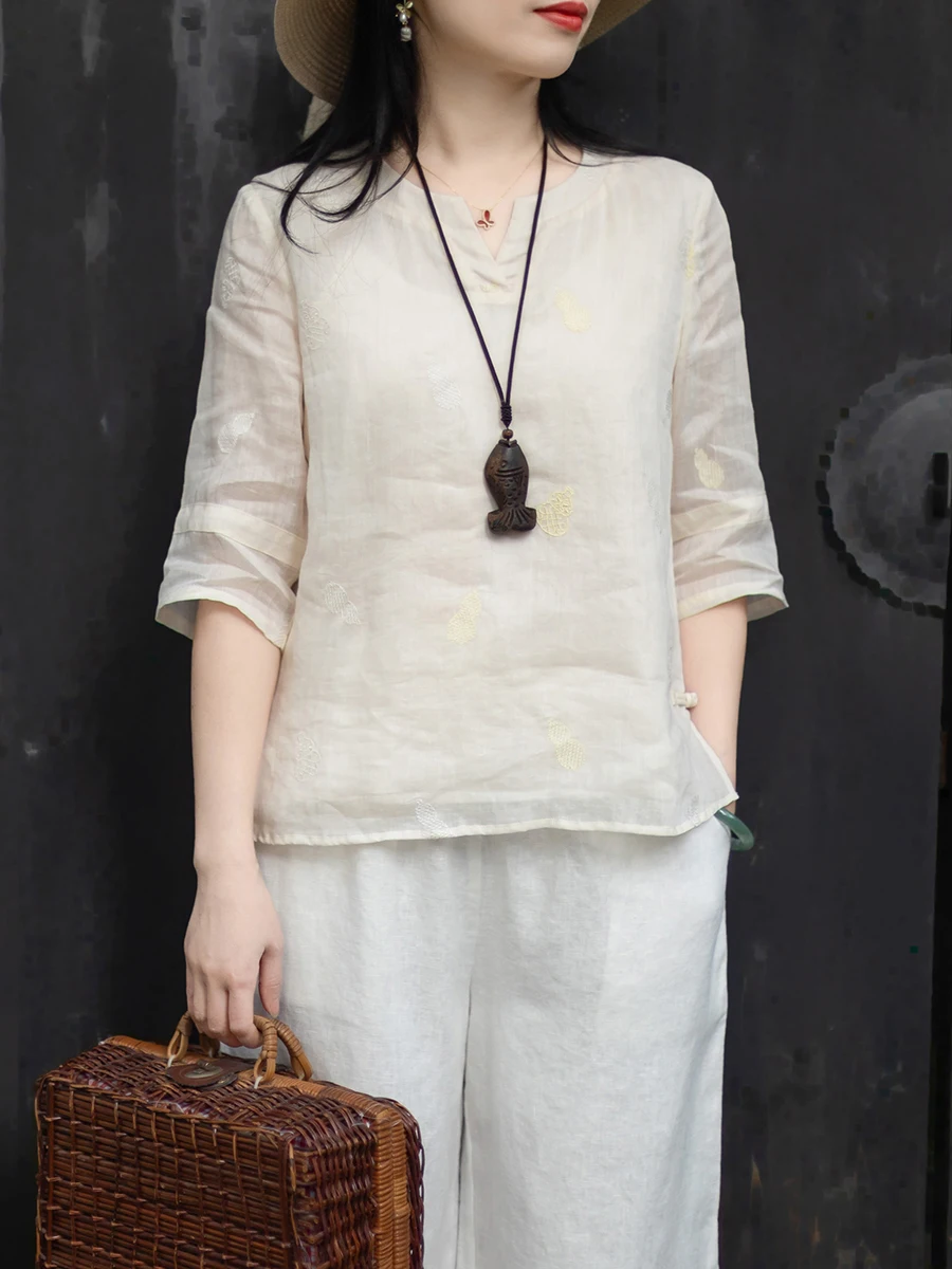 

Nian Jiangnan New Chinese Style Silk Shirt Women's Collar V-neck Overlap Loose Fit Artistic Top Cotton