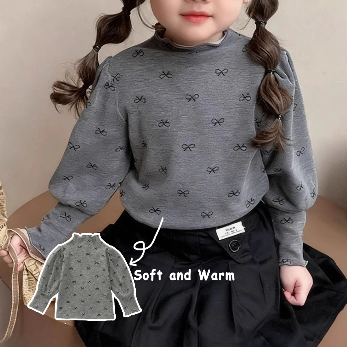 New Autumn Winter Children Bow Print Long Sleeve Base Shirt Baby Girl Ruffle Mock Neck Undershirt Kid Soft Warm Casual Inner Top