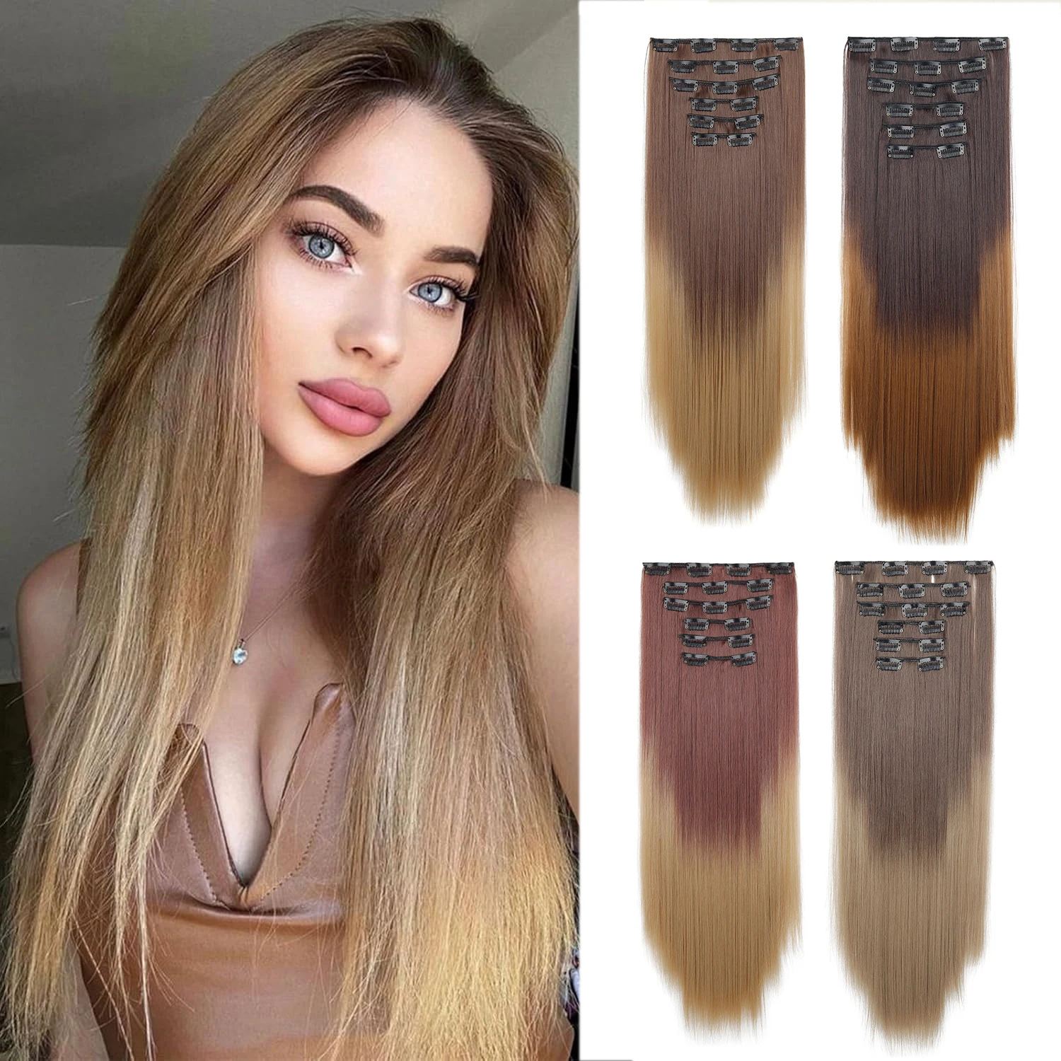 Long Straight Hair Clip in Hair Extensions 24inch 140g 6pcs/set Women Ombre Synthetic Hair Full Head soft easy to wear stylish