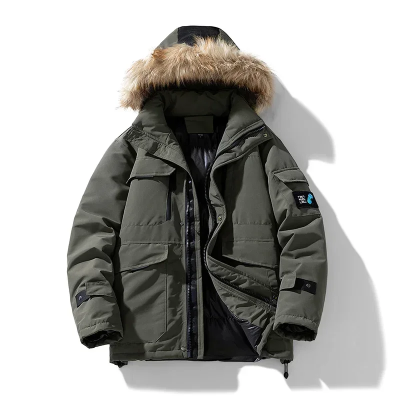 Solid Color Thick Windproof Coat Mens Long Hooded New Parka Fur Collar Casual Fashion Outerwear Winter Warm Parkas Jackets Men