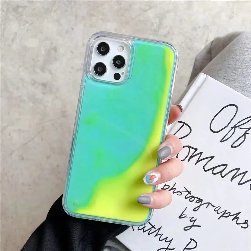 Luminous quicksand phone case for iPhone 16 15 Pro Max 14 13 shell moving flow sand dark liquid cover frame women carcasa capa