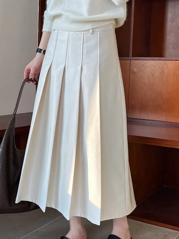 LANMREM Versatile Mid Length A-line Skirt High Waist Solid Pleated Elegant Fashion Clothing 2025 Female Spring New 2DC1048