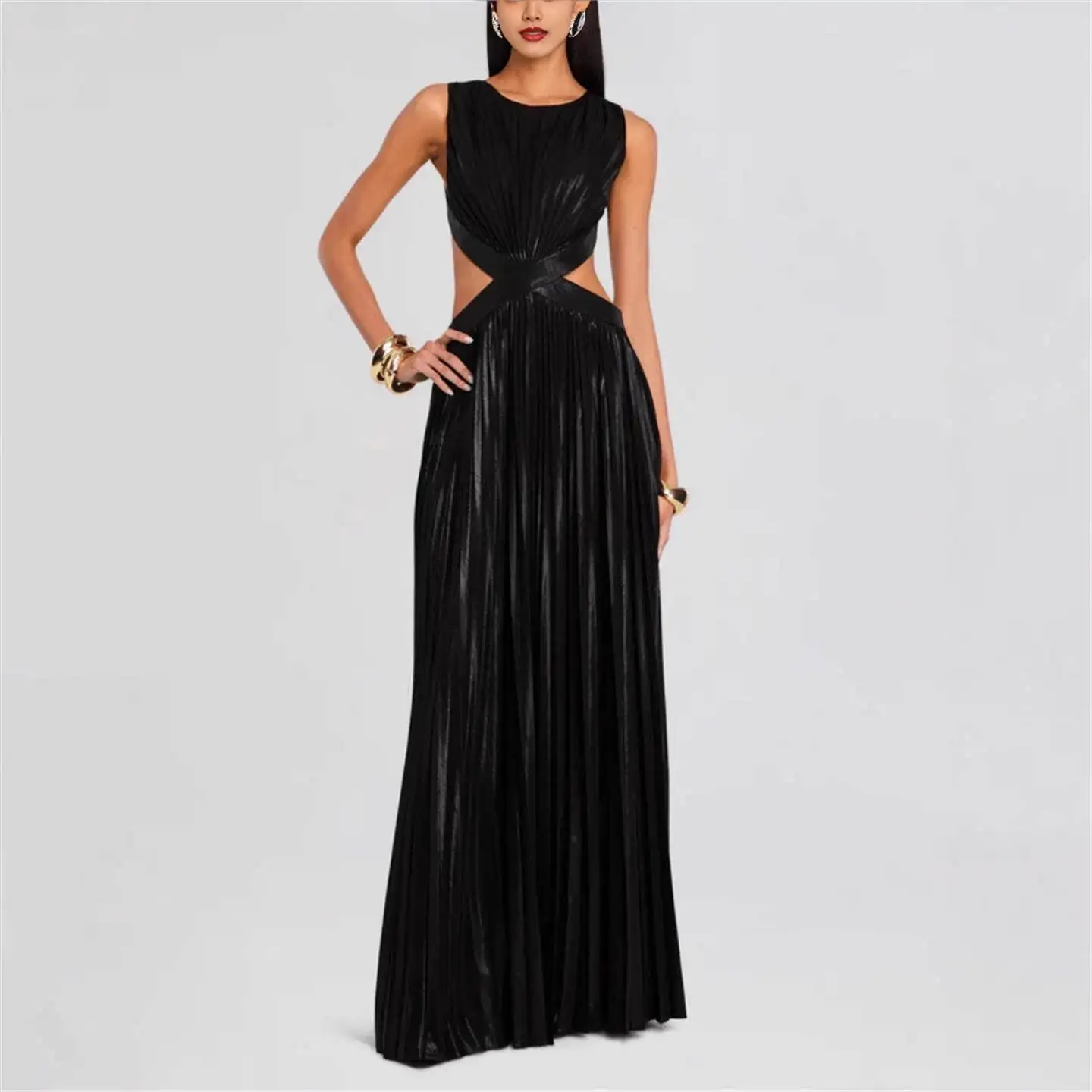 

Evening Gown Women's Dress Cross-Border Sleeveless Embossed Gold High Waist Backless Long Skirt Elegant Lady Style A-Line Skirt