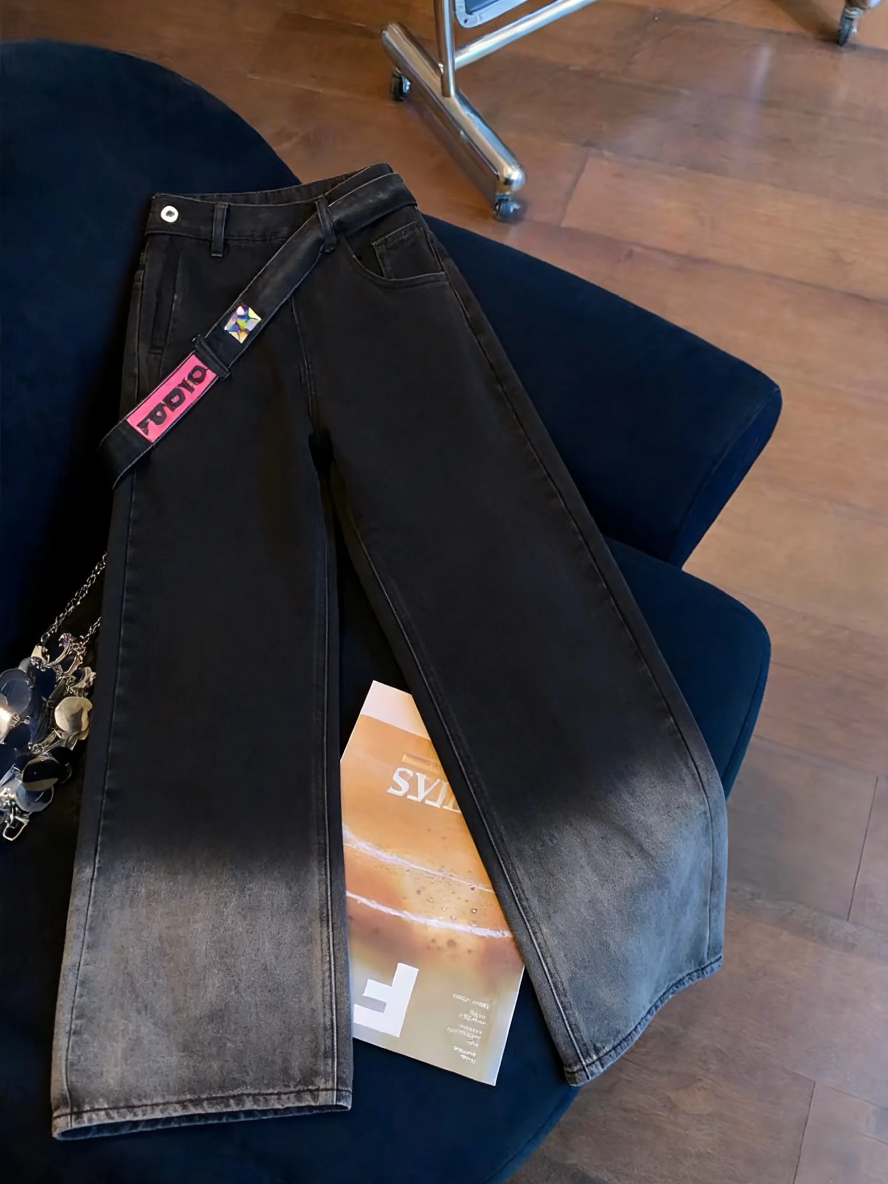 

Свободные женские джинсы Bla adient на молнии, в стиле Heavy Industry, весна-осень, модные, повседневные, широкие брюки-клеш, свободного кроя