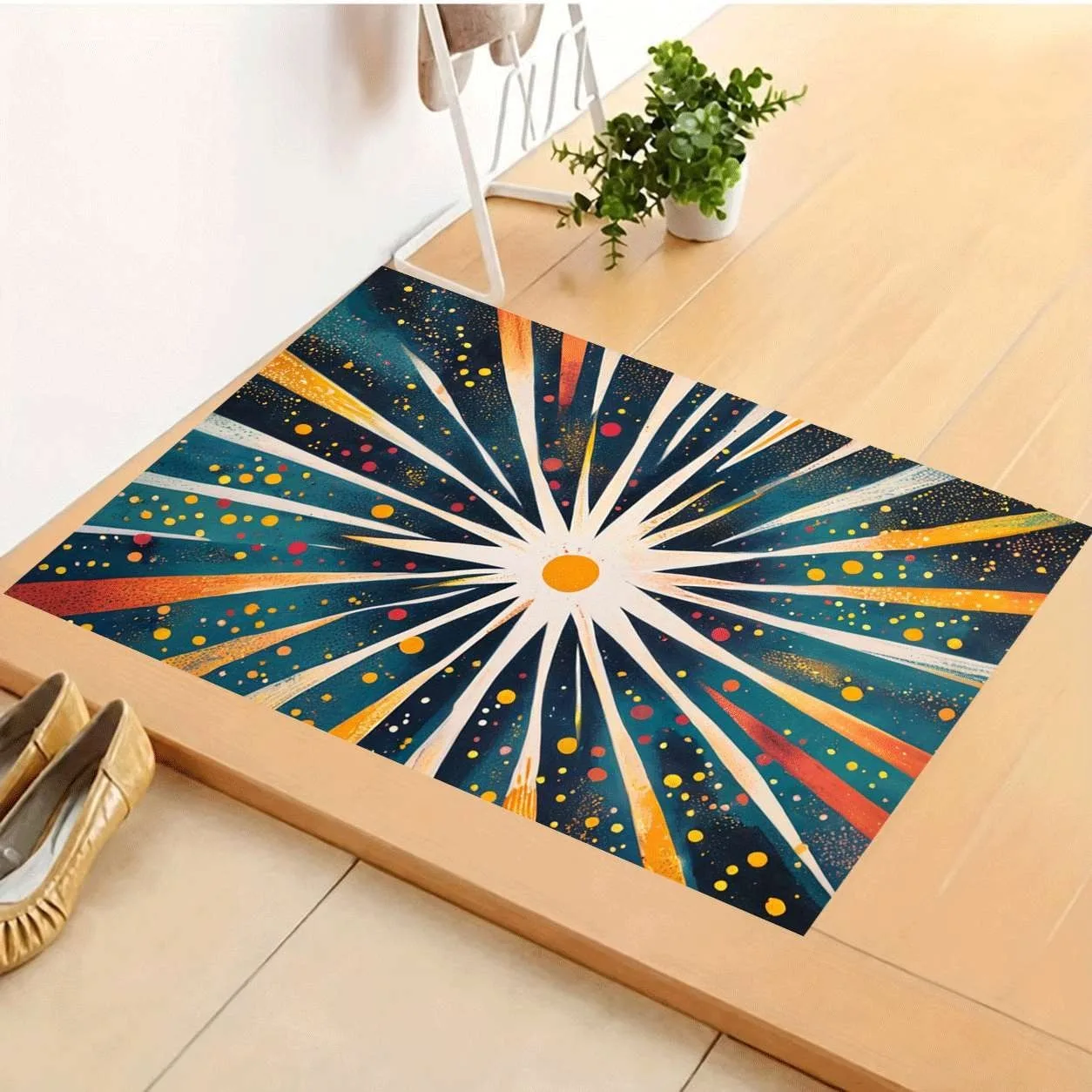 Abstract Sun Starburst Color Radial Ray Dot Print Non Slip Doormat Indoor Front Entrance Welcome Rug Household Home Ornament