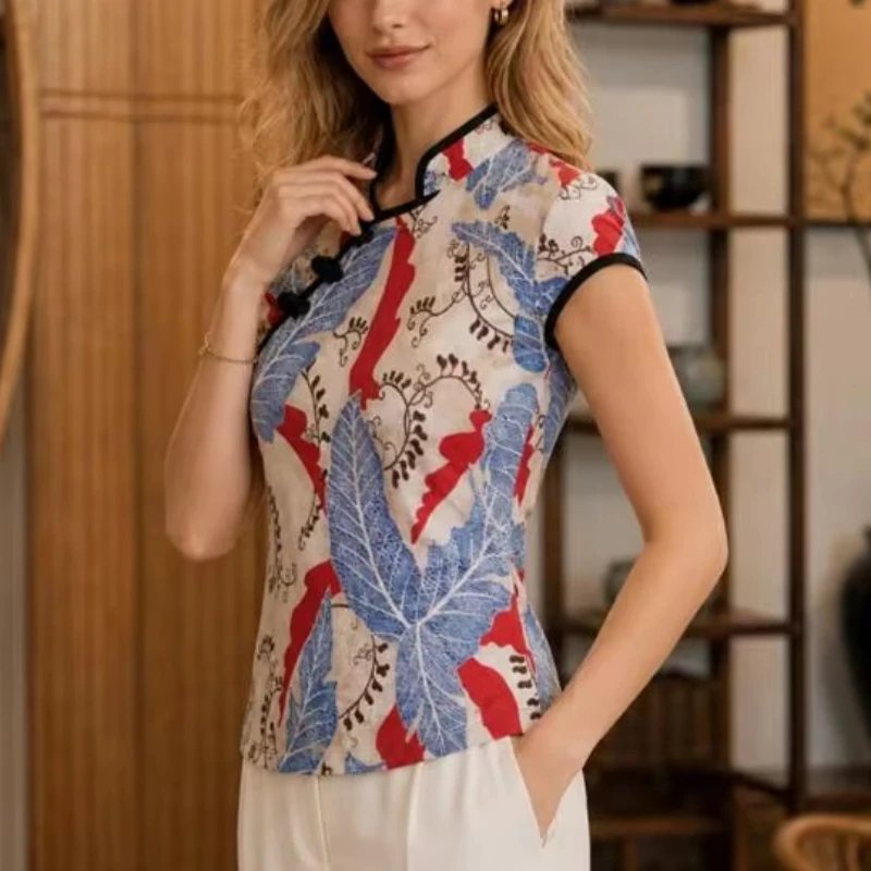 Summer Leisure New Chinese Retro Plant Print Sleeveless Top New Slim Harajuku Button Closures Small Stand Collar Take Coat Top