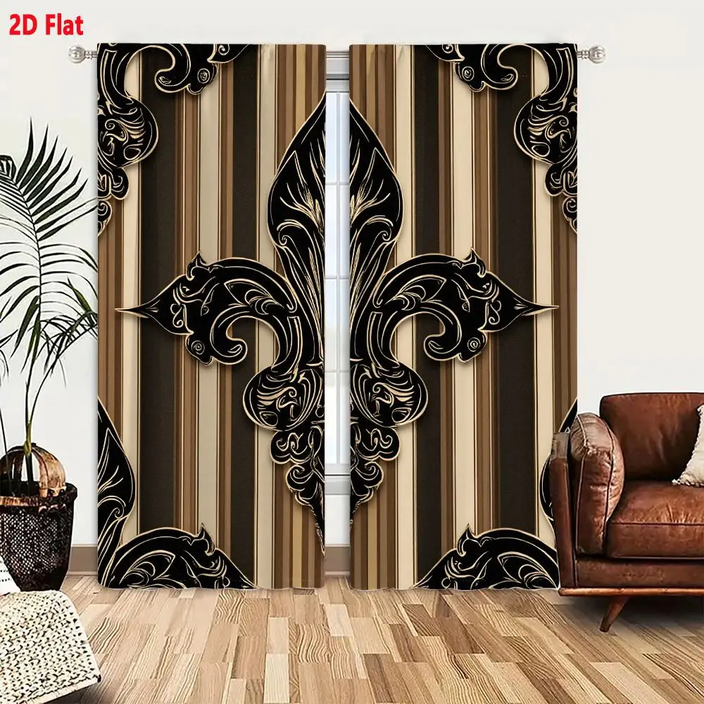2Pcs Curtains 2D Flat Traditional Wallpaper Pattern With Ornate Black Fleur-de-lis Gold Outlines And Vertical Brown Beige Black