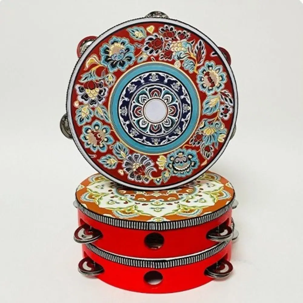 Wooden Floret Hand Drum 8 Inch Floral Pattern Tambourine Handbell Chinese Style Single Row Music Percussion Instrument