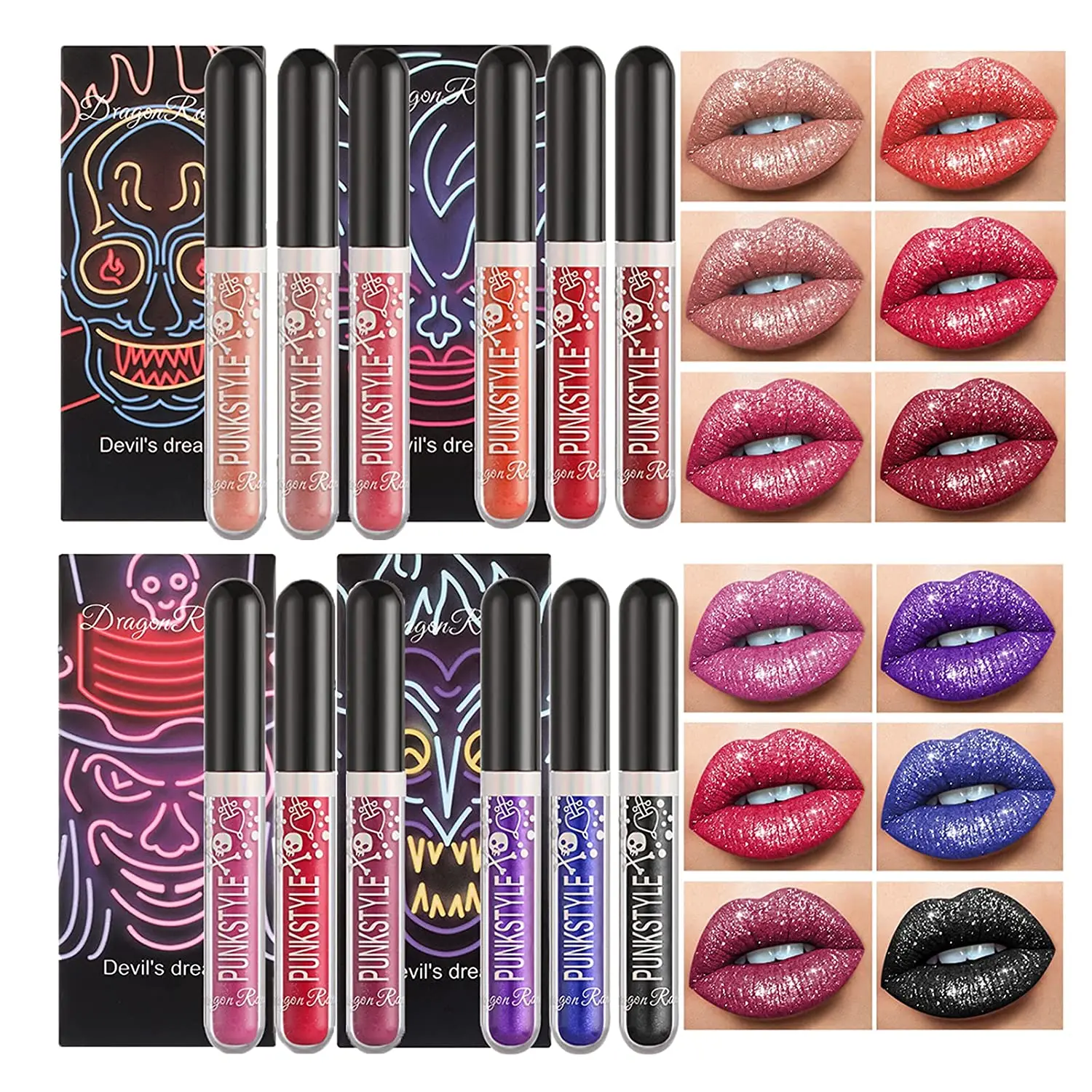 Dragon Ranee Devil 'S Droom Halloween Diamond Glitter Lipgloss Kit Waterdichte Glitter Vloeibare Zwarte Lippenstift Glanzende Liptint